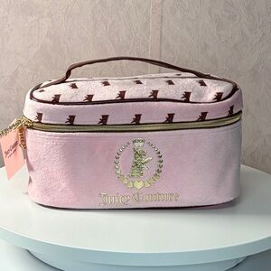Juicy Couture Pink Cosmetic Case with Gold Accents Travel Case Train Case Makeup
